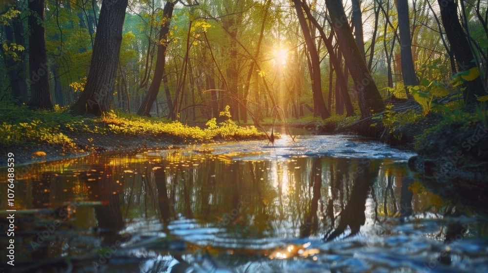 Poster a serene forest stream surrounded by lush greenery and towering trees