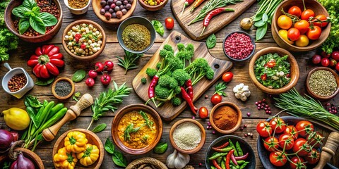 Inspiring New Culinary Ideas: A Vibrant Display of Fresh Ingredients and Creative Dishes Capturing the Essence of Innovation in Food Photography for Recipe Development