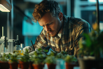 Scientist Examining Plants in Laboratory