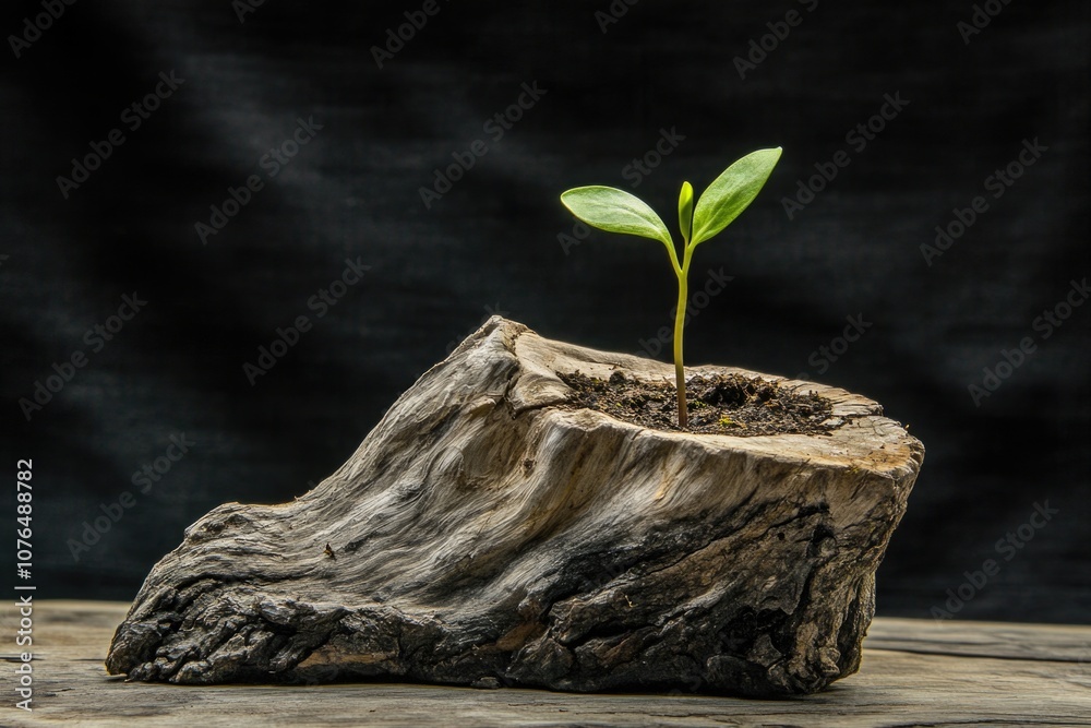 Poster a small plant grows from a decaying tree stump in a natural setting