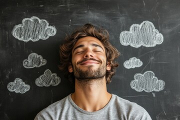 A person sitting with their eyes closed, surrounded by a whimsical chalk drawing of clouds