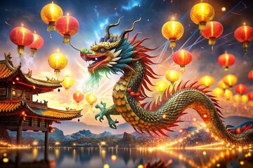 Fototapeta premium Intricate Double Exposure Photography of a Chinese New Year Dragon Tattoo Blending with Festive Celebrations, Symbolizing Prosperity and Good Fortune in the Lunar New Year