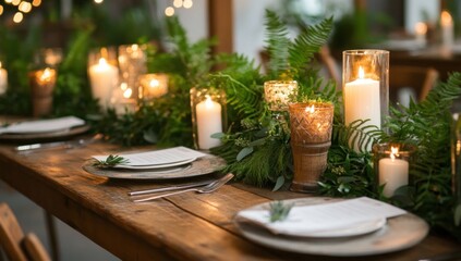 Rustic Table Setting with Candles and Greenery