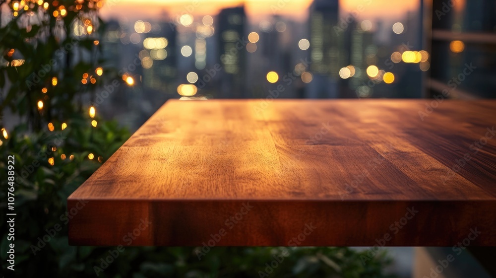 Poster wooden table with a cityscape in the background, suitable for use in travel or urban-themed projects