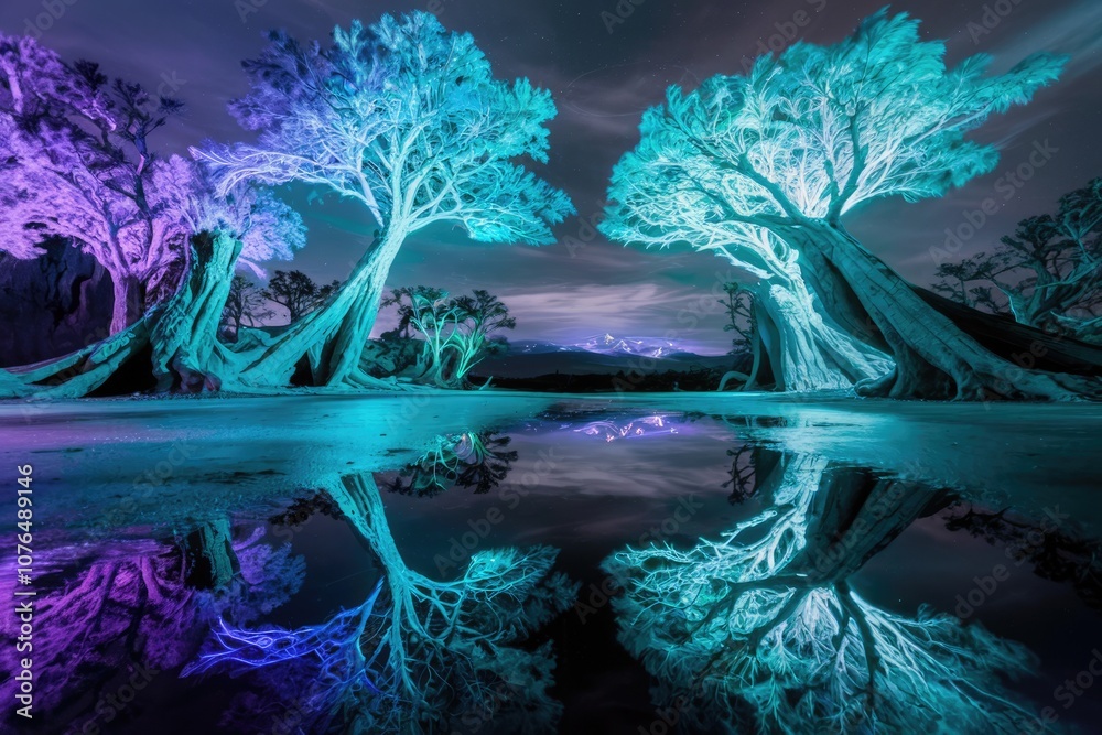 Poster silhouetted trees glow with ethereal light reflecting in a still water