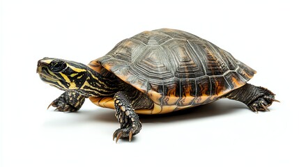 Fototapeta premium A turtle walks on a white background.