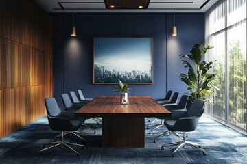 Fototapeta premium Modern boardroom with wooden table and blue chairs
