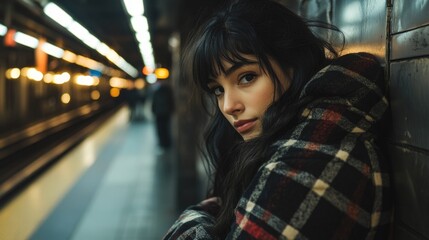 A woman standing against a subway station wall, casual pose