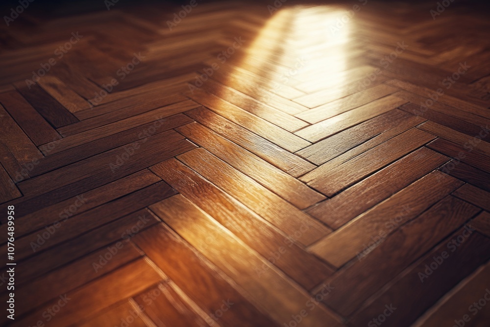 Poster a close-up view of a wooden floor with a spotlight shining on it, suitable for use in interior desig