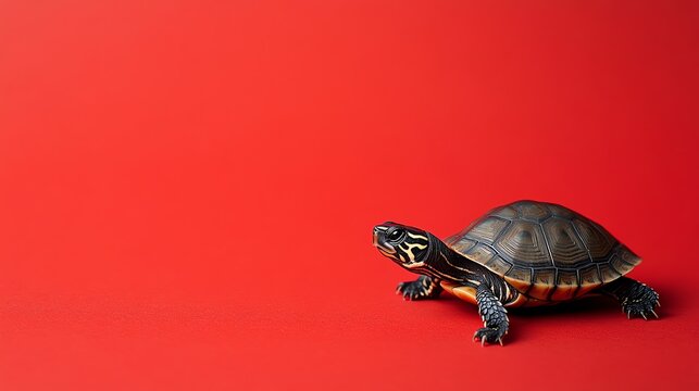 A small turtle with a patterned shell crawls across a red background.