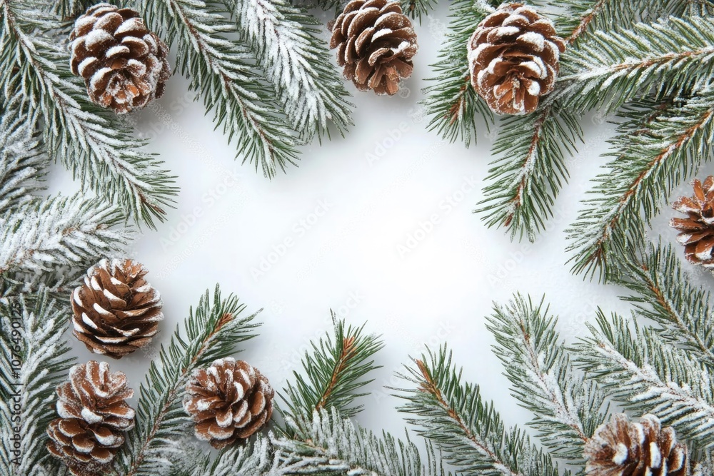 Poster close-up of pine cones and tree branches on a white surface