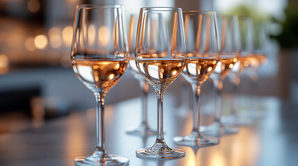 Elegant row of wine glasses with soft warm lighting.