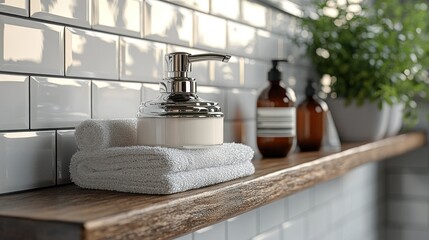 Elegant bathroom shelf with soap dispenser and towels.