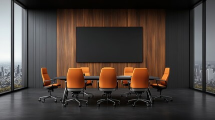 Modern conference room with large presentation screen and comfortable orange chairs for enhanced productivity