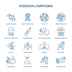 Hodgkin Lymphoma symptoms, diagnostic and treatment vector icon set. Medical icons.