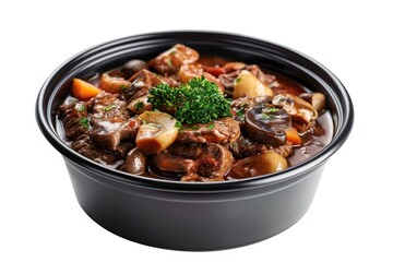 A black bowl filled with various meats and vegetables