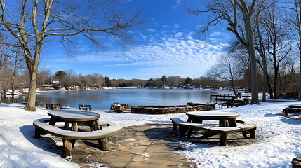 Two Picnic Tables Covered in Snow Beside a Frozen Lake