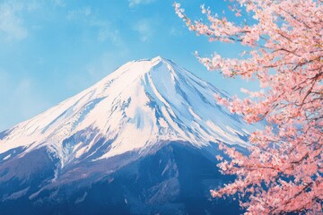 A snowy mountain landscape with pink flowers blooming in the foreground, perfect for winter or spring themed projects