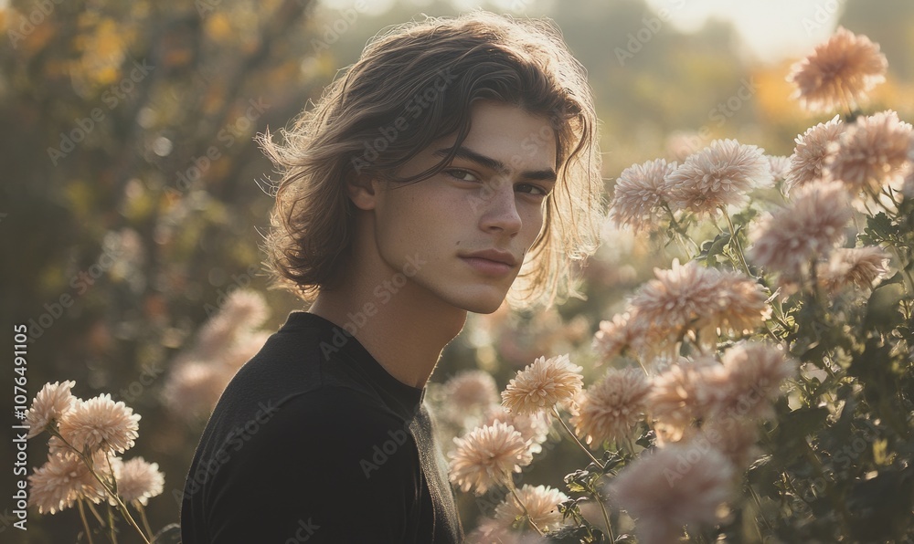 Wall mural Young man with flowing hair standing beside a field of chrysanthemums