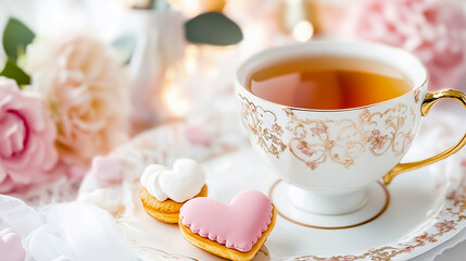 Enjoying a peaceful afternoon with a cup of tea accompanied by decorative heart-shaped cookies and pink roses
