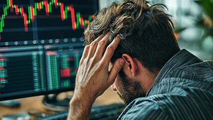 Frustrated man analyzing stock market decline on computer screen, financial loss and trading stress concept for investment risk, economy, and crisis management