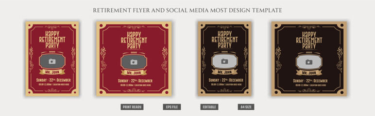 Traditional Happy retirement party celebration flyer design, social media post, vintage, old, elder, senior, festive, emotion, royal, wish, greeting, invitation, black, event, a4 templates bundle.