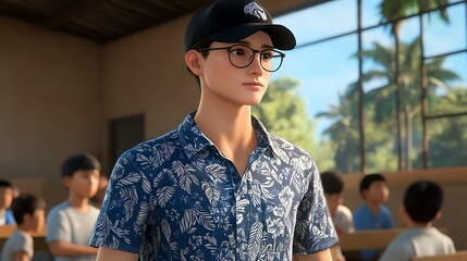 Young Man in Glasses and a Floral Shirt, Looking Away From the Camera