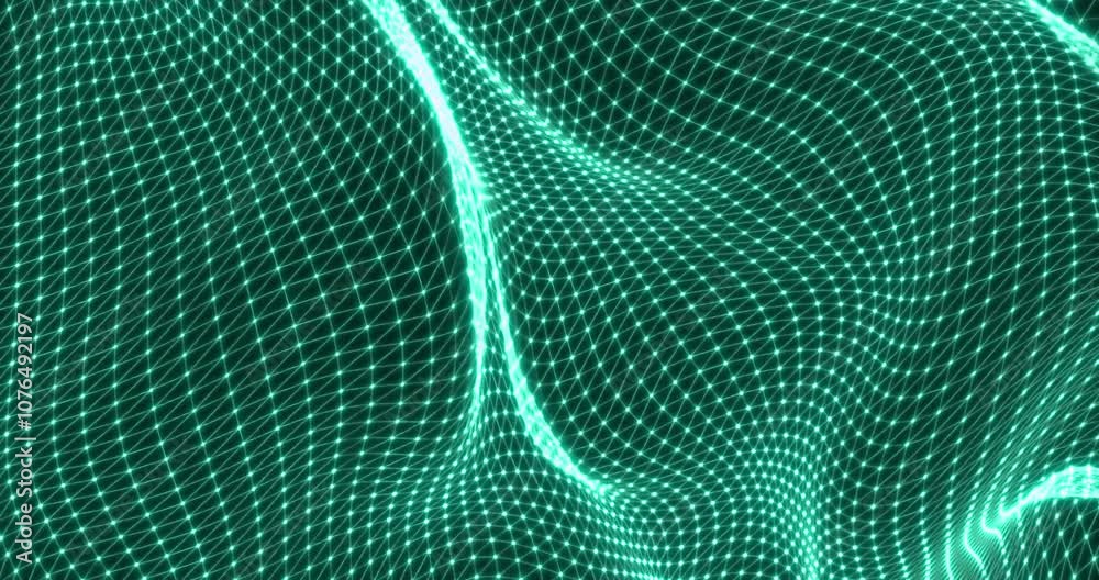 Wall mural abstract green matrix geometrical line and point dots wave like background with movement