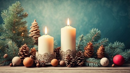 christmas still life with candles and decorations on green background 