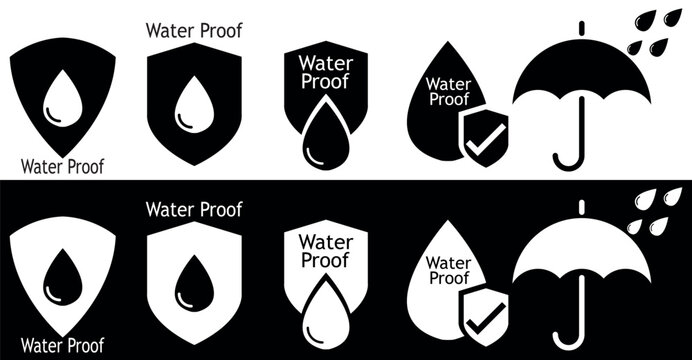 Collection of  Waterproof icons. Black and white Set of water resistant signs. Shield with water drop. Anti wetting material. Vector illustration.