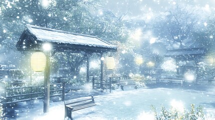 Snowy Japanese Garden with Lanterns and Benches