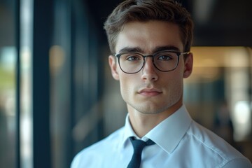 Naklejka premium A young adult dressed formally with glasses and a tie, suitable for business or professional settings