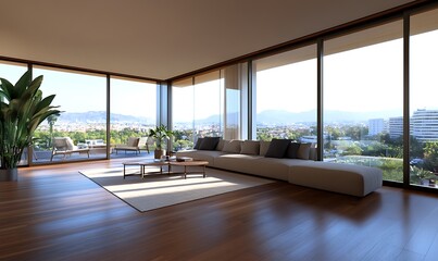 Fototapeta premium Modern living room with large windows, wooden floor, and a view of the city.