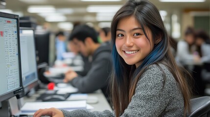A young woman with long hair sits at a computer, smiling brightly while engaged in her studies. Other students are busy working on their assignments in the background