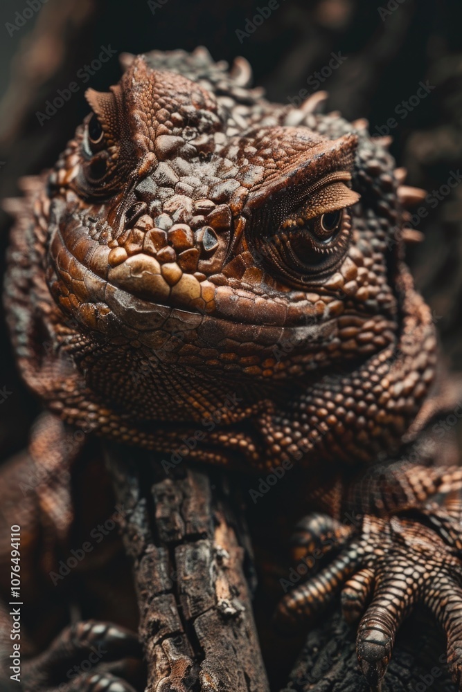 Poster a close-up shot of a lizard sitting on a tree branch, with a natural environment in the background