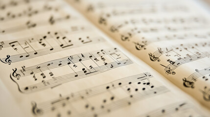 An open sheet of music with clear, black musical notes on a soft cream background, showcasing a classic and artistic composition.