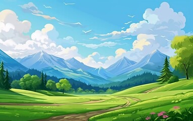 Obraz premium A vibrant landscape featuring rolling hills, mountains, and a clear blue sky with fluffy clouds.