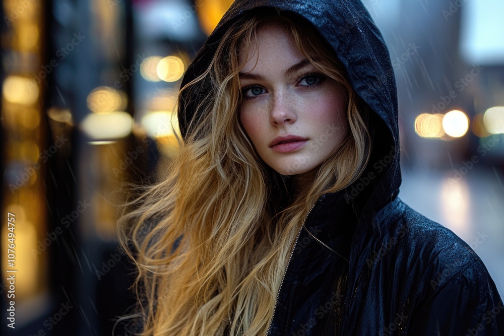 Poster a woman wearing a black jacket stands outside during a rainy day, good for use as a background image