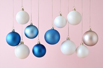 Obraz premium Colorful Christmas ornaments hanging against a soft pink background, adding a festive touch to holiday decor.
