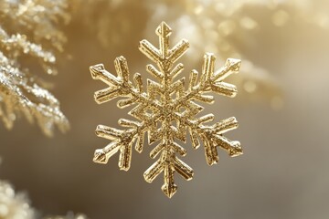A single gold snowflake hangs from a bare winter tree branch, symbolizing hope and joy