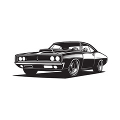 American 70s customized muscle car  line art silhouette vector  on a white background