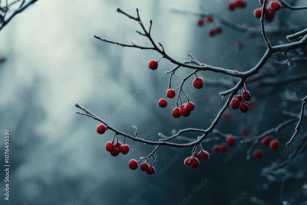 Poster A photo of a branch from a tree covered in bright red berries, great for use as a decorative element or to represent nature and the outdoors