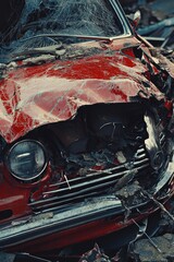 A car that has been badly damaged in an accident, lying on the ground