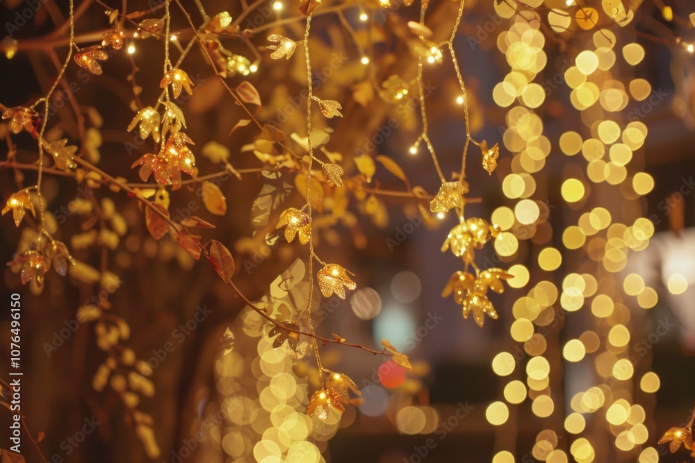 Poster close-up shot of a tree with colorful lights in the background, perfect for use in interior design o