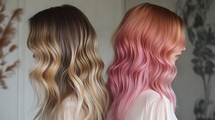 Naklejka premium Two Women with Long Wavy Hair, One Blonde and One Pink