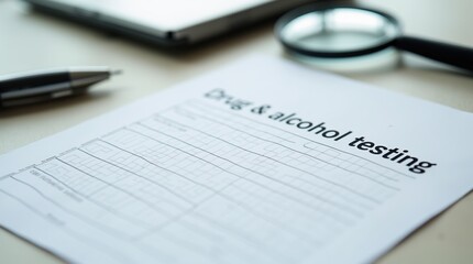 Drug and alcohol testing form on office desk with pen and magnifying glass