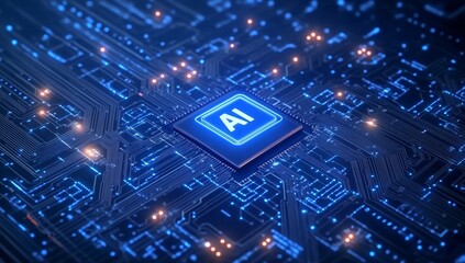 Glowing light blue neon AI chip with thin circuit contact lines. AI chip on technology background. Abstract digital tech background in monochrome blue.