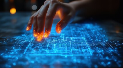 A hand with illuminated fingertips manipulates a glowing digital blueprint on a surface in a modern, dimly lit environment, showcasing advanced technology