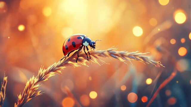 A ladybug resting on a blade of grass with a warm sunset glow and soft bokeh effect in a serene natural environment