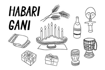 Kwanzaa hand drawn set with slogan Habari Gani. Traditional doodles. Candles, gifts, harvest, drum, bottle and goblet. Vector hand drawn illustrations isolated on white background for coloring pages